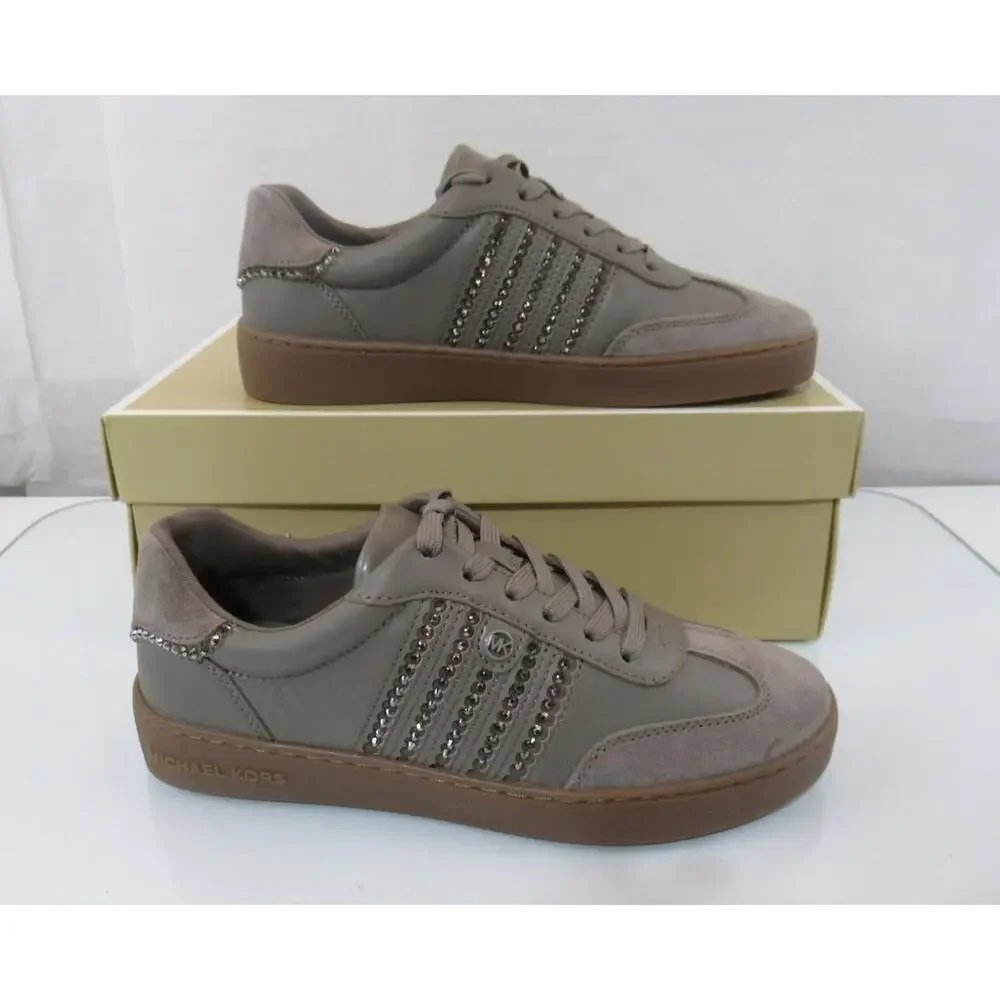 Michael Kors Scotty Lace Up Sneakers Rhinestone MK Leather Birch Brown
